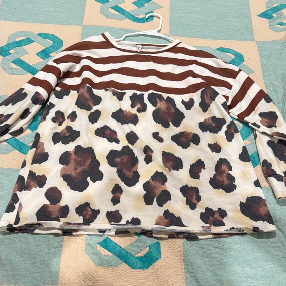 Brown and White Crew Neck Sweater with Stripes